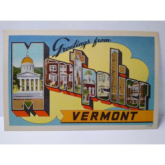 Greetings From Montpelier Vermont Large Big Letter Postcard Linen E-8648 Unused - Picture 2 of 3